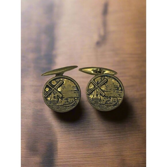 Circa 1930's Holland Windmill Brass Men Cufflinks - Picture 1 of 7